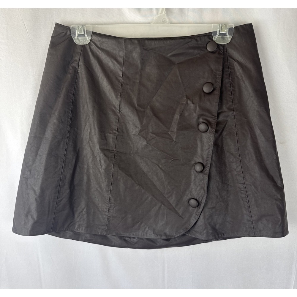 Zara Skirt Women's Medium Dark Brown Vegan Leather Snap Wrap Buttons Moto Chic